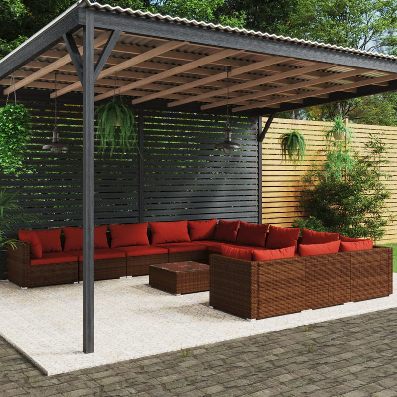 12-delige Loungeset met kussens poly rattan bruin