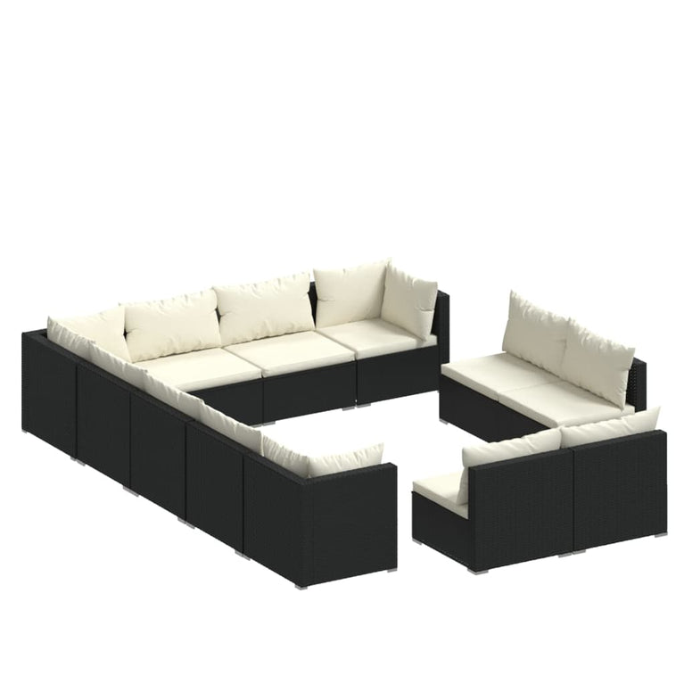 12-delige Loungeset met kussens poly rattan zwart