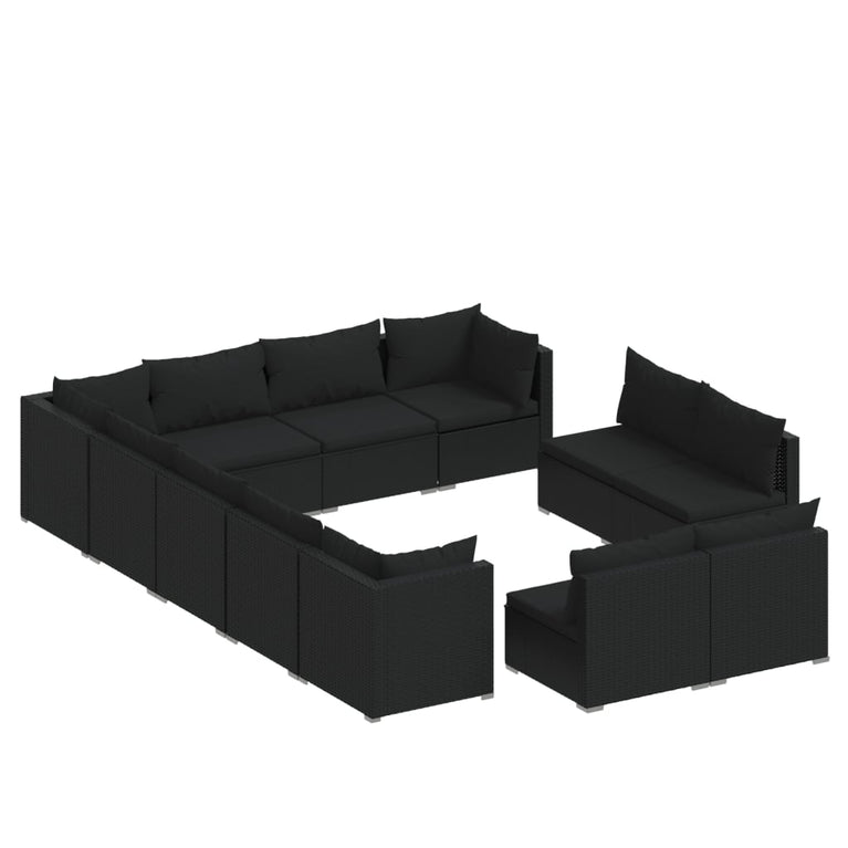 12-delige Loungeset met kussens poly rattan zwart MeubelReus