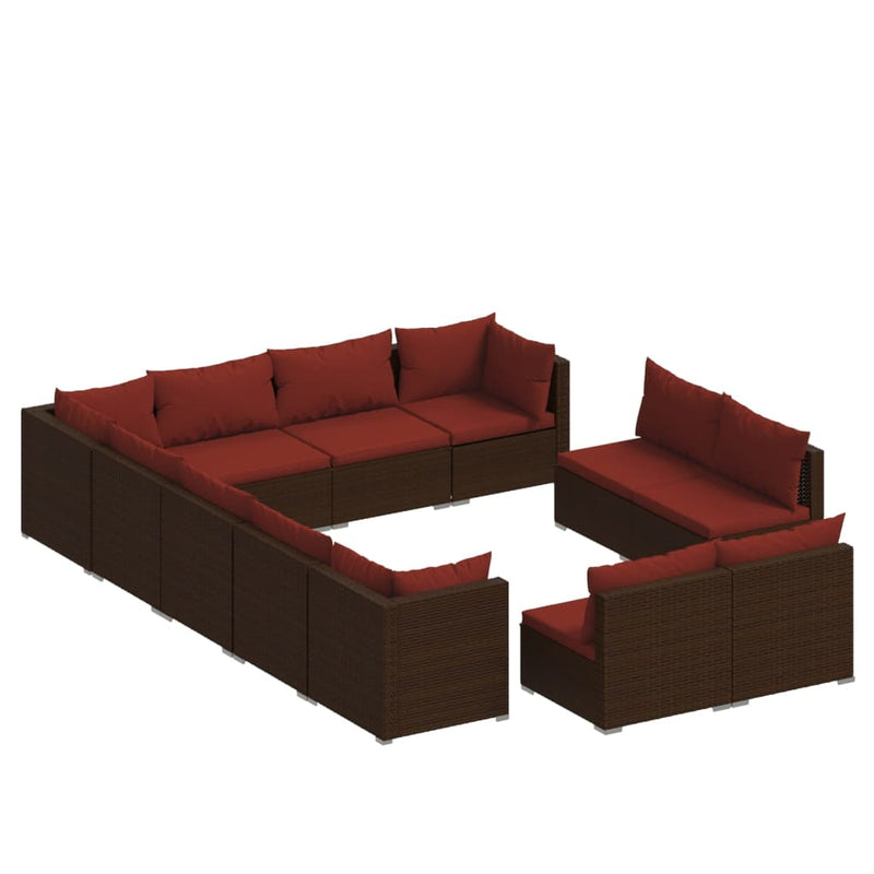 12-delige Loungeset met kussens poly rattan bruin