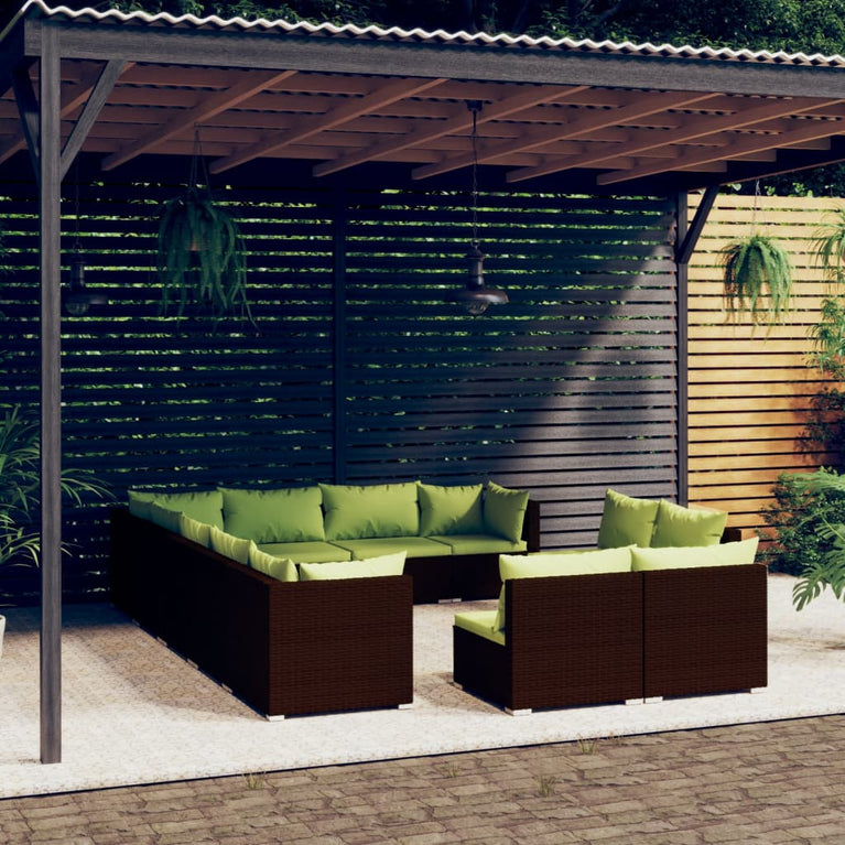 12-delige Loungeset met kussens poly rattan bruin