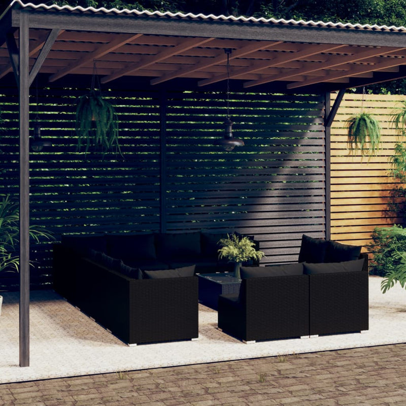 13-delige Loungeset met kussens poly rattan zwart