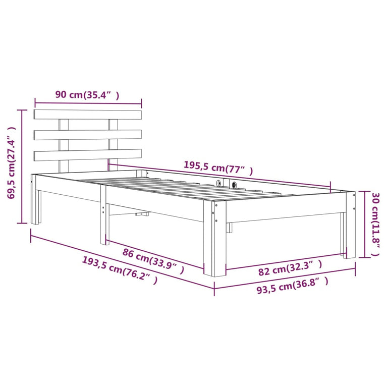 Bedframe massief hout wit 90x190 cm 3FT Single