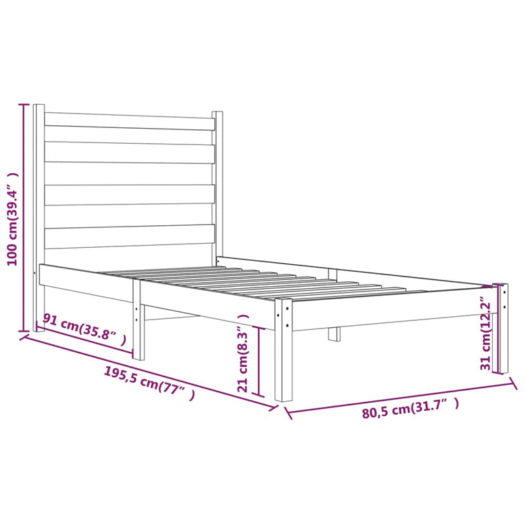 Bedframe massief grenenhout zwart 75x190 cm 2FT6 Small Single