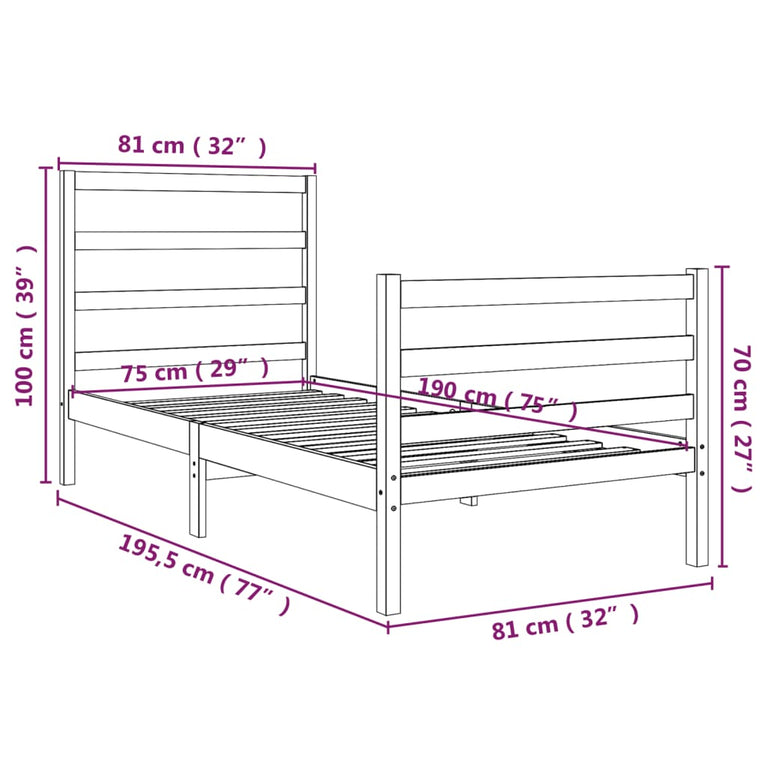 Bedframe massief grenenhout zwart 75x190 cm Small Single