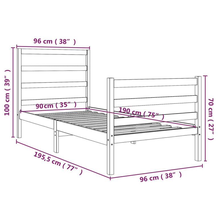 Bedframe massief grenenhout wit 90x190 cm 3FT Single