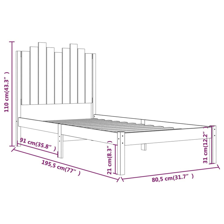 Bedframe massief grenenhout zwart 75x190 cm 2FT6 Small Single