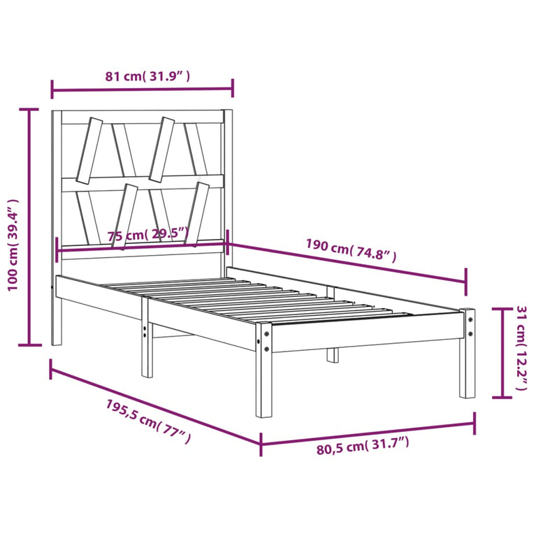 Bedframe massief grenenhout zwart 75x190 cm 2FT6 Small Single