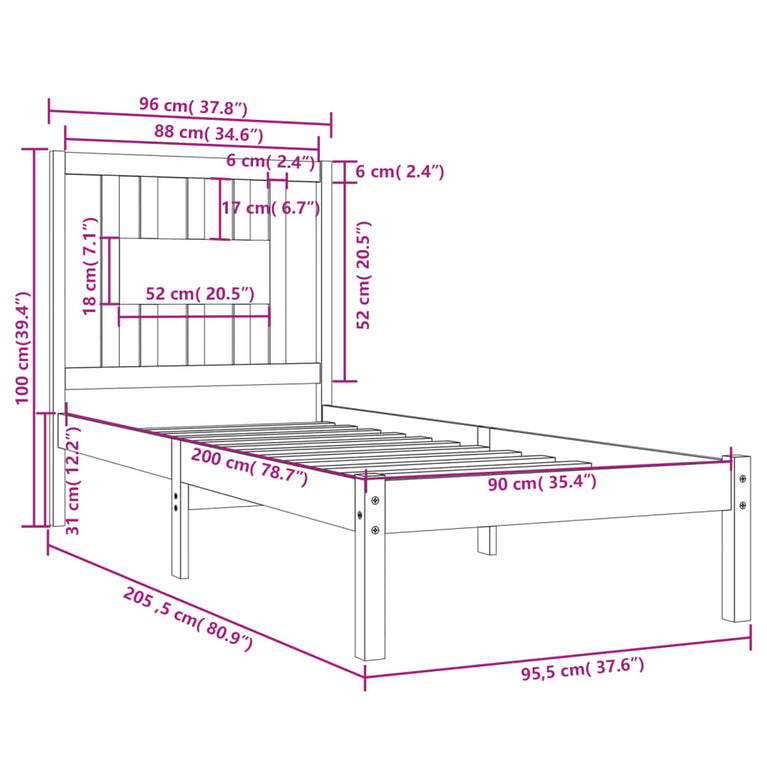 Bedframe massief grenenhout 90x200 cm