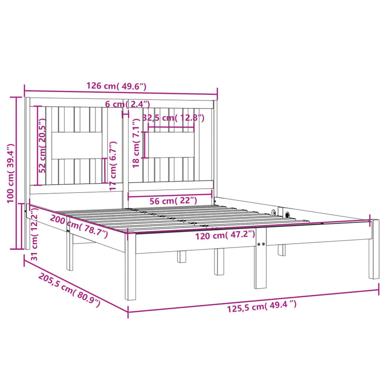 Bedframe massief grenenhout wit 120x200 cm