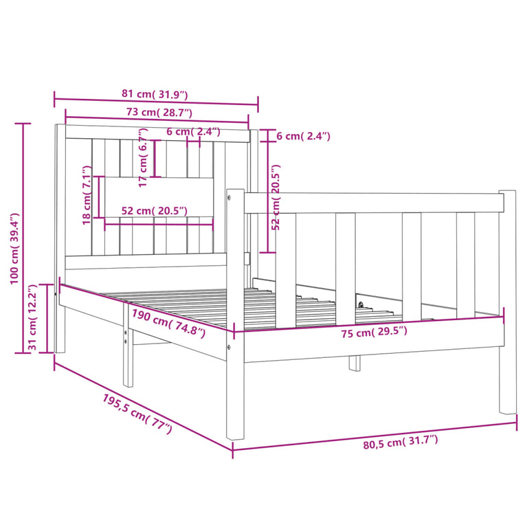 Bedframe massief hout zwart 75x190 cm 2FT6 Small Single