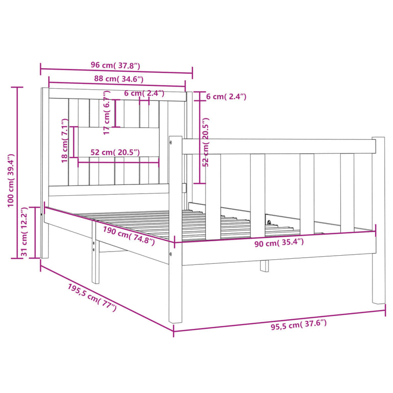 Bedframe massief hout wit 90x190 cm 3FT Single