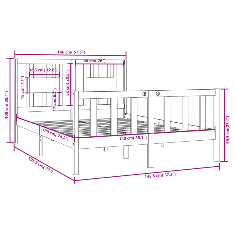 Bedframe massief hout 140x190 cm