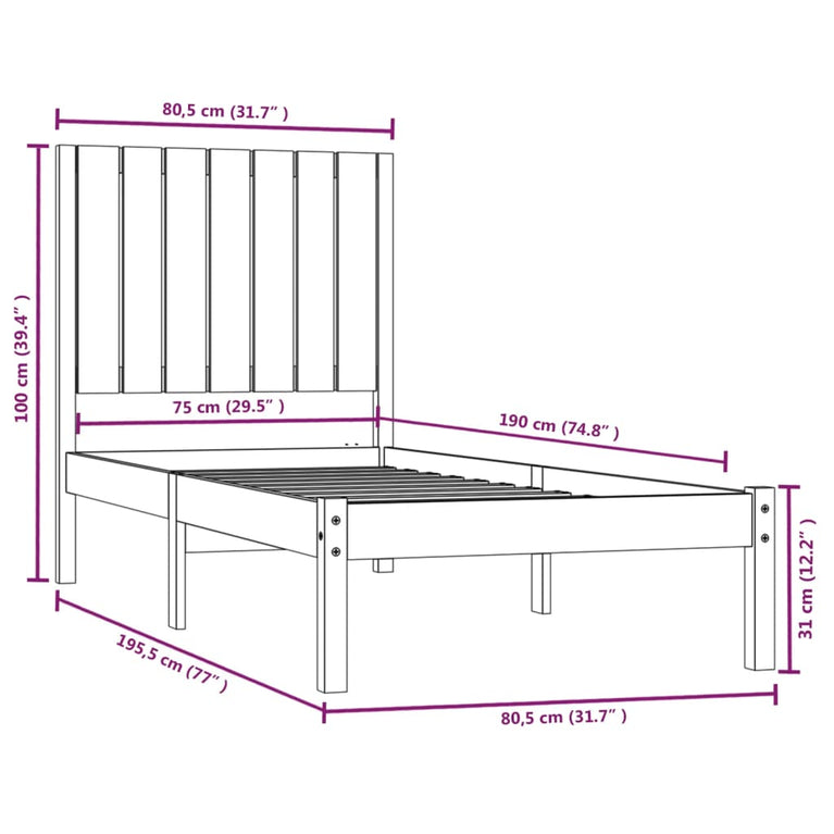 Bedframe massief hout wit 75x190 cm 2FT6 Small Single