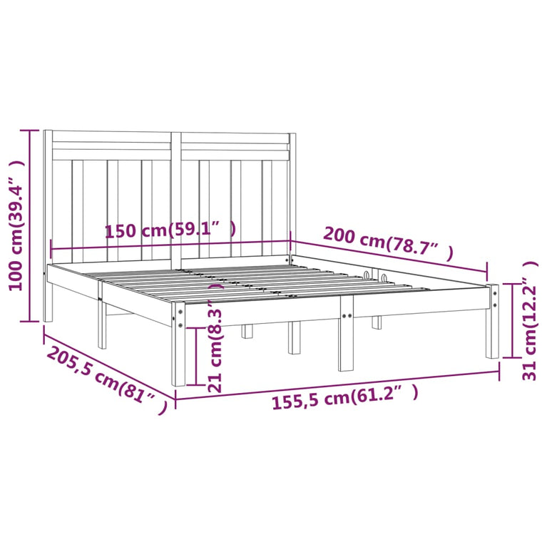Bedframe massief hout wit 150x200 cm 5FT King Size