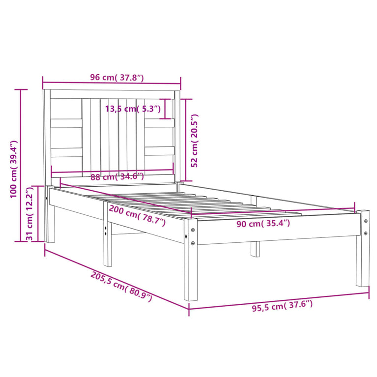 Bedframe massief hout 90x200 cm