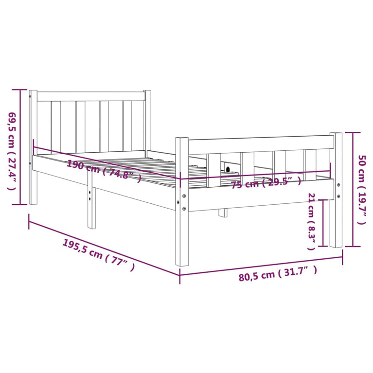 Bedframe massief hout 75x190 cm Small Single