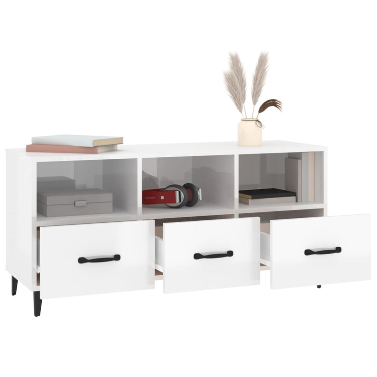 Tv-meubel 102x35x50 cm bewerkt hout hoogglans wit MeubelReus