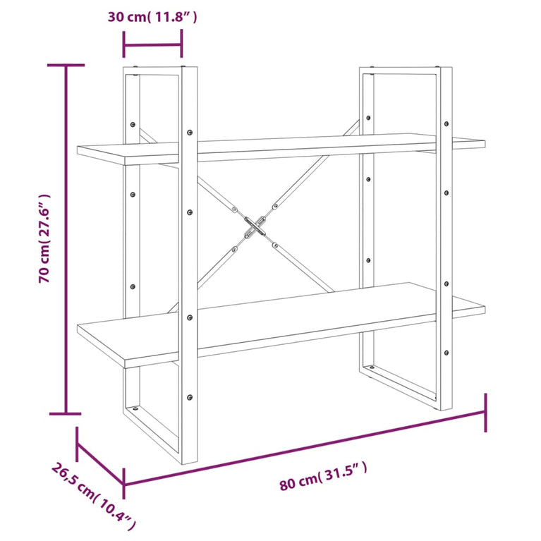 Boekenkast met 2 schappen 80x30x70 cm bewerkt hout grijs sonoma MeubelReus