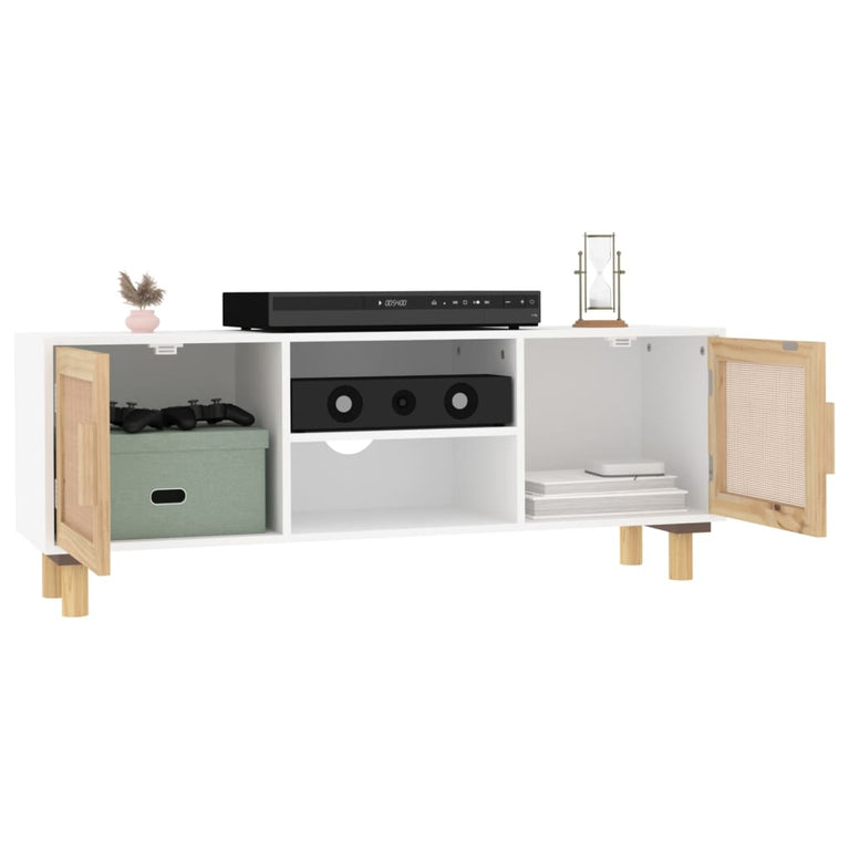 Tv-meubel 105x30x40 cm massief grenenhout en rattan wit MeubelReus