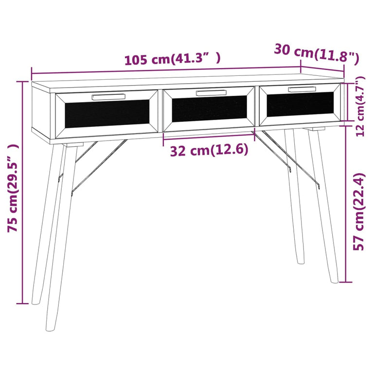Wandtafel 105x30x75 cm massief grenenhout en natuurlijk rattan MeubelReus