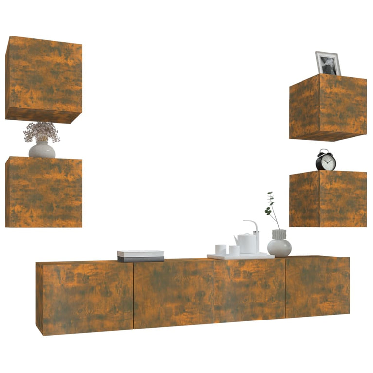 6-delige Tv-meubelset bewerkt hout gerookt eikenkleurig MeubelReus