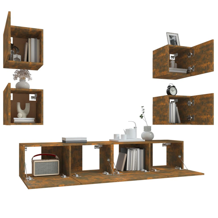 6-delige Tv-meubelset bewerkt hout gerookt eikenkleurig MeubelReus