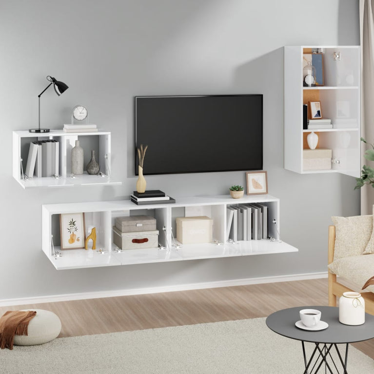 4-delige Tv-meubelset bewerkt hout hoogglans wit