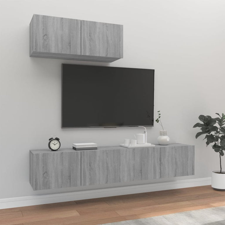3-delige Tv-meubelset bewerkt hout grijs sonoma eikenkleurig MeubelReus
