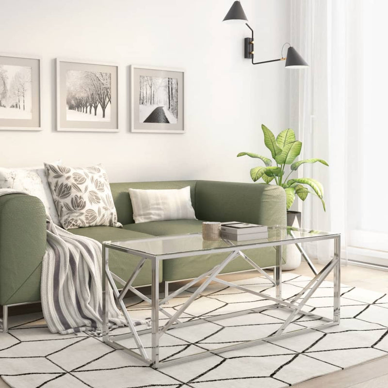 Salontafel roestvrijstaal en gehard glas zilverkleurig