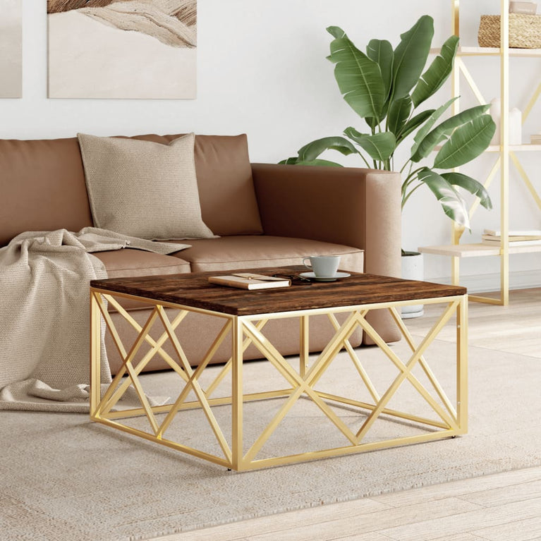Salontafel roestvrijstaal en massief gerecycled hout goudkleur MeubelReus