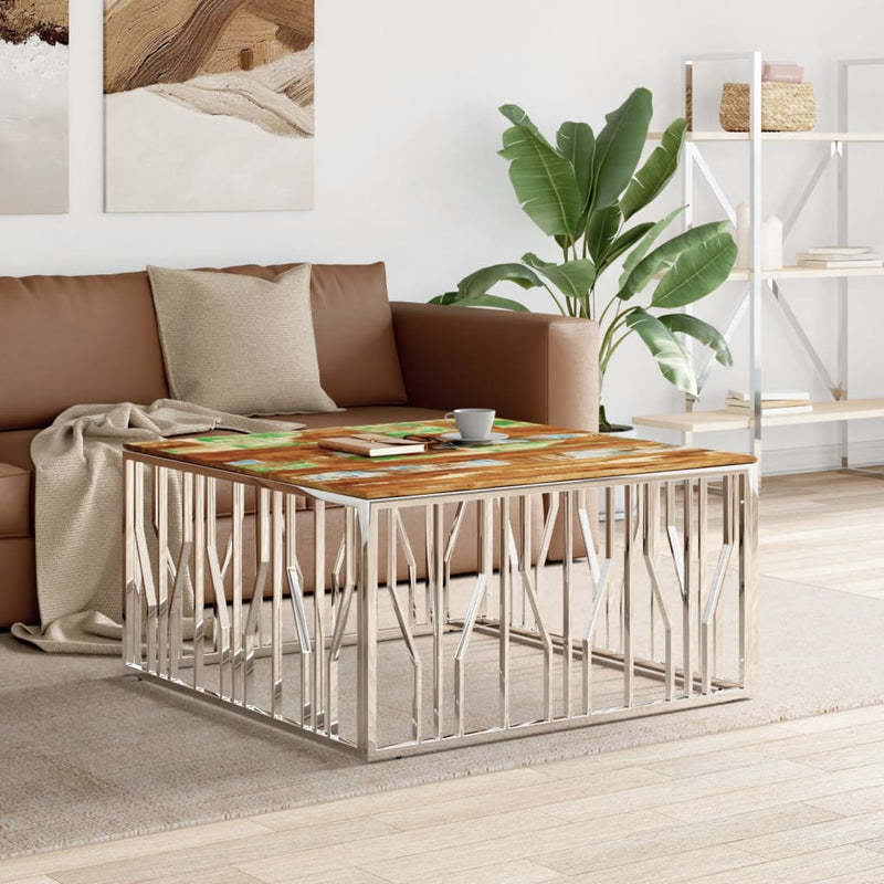 Salontafel roestvrij staal en massief gerecycled hout zilver MeubelReus