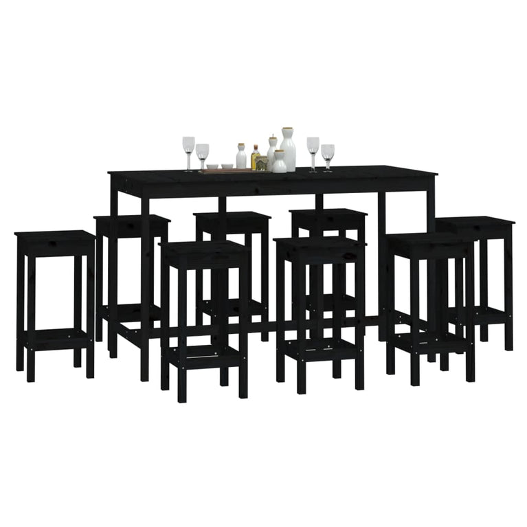 9-delige Barset massief grenenhout zwart