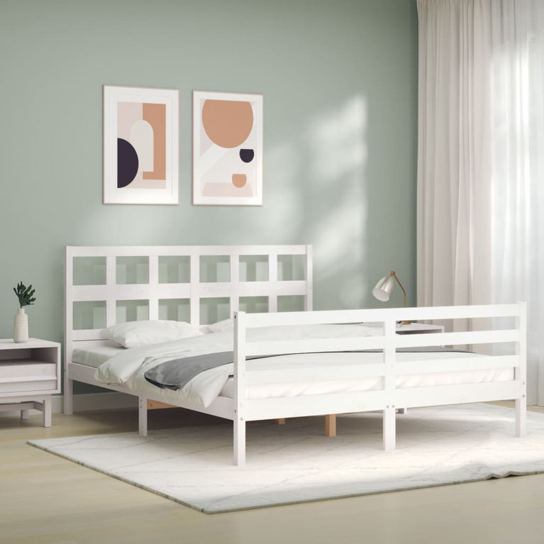 Bedframe met hoofdbord massief hout wit 5 FT King Size