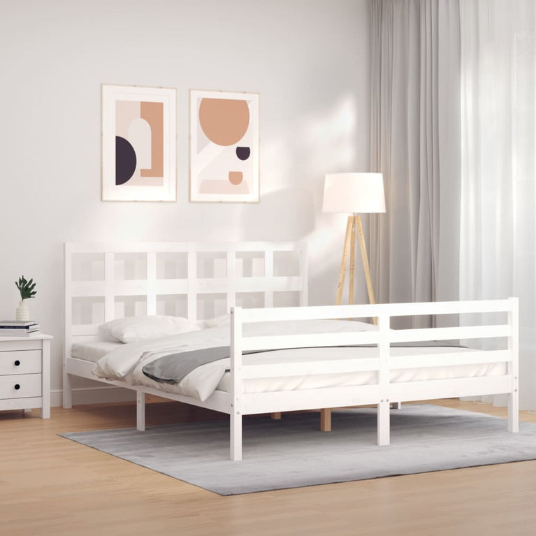 Bedframe met hoofdbord massief hout wit 5 FT King Size