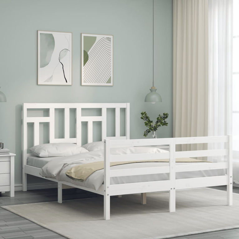 Bedframe met hoofdbord massief hout wit 140x190 cm