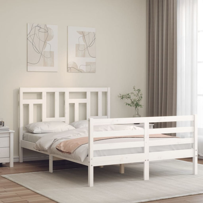 Bedframe met hoofdbord massief hout wit 140x190 cm