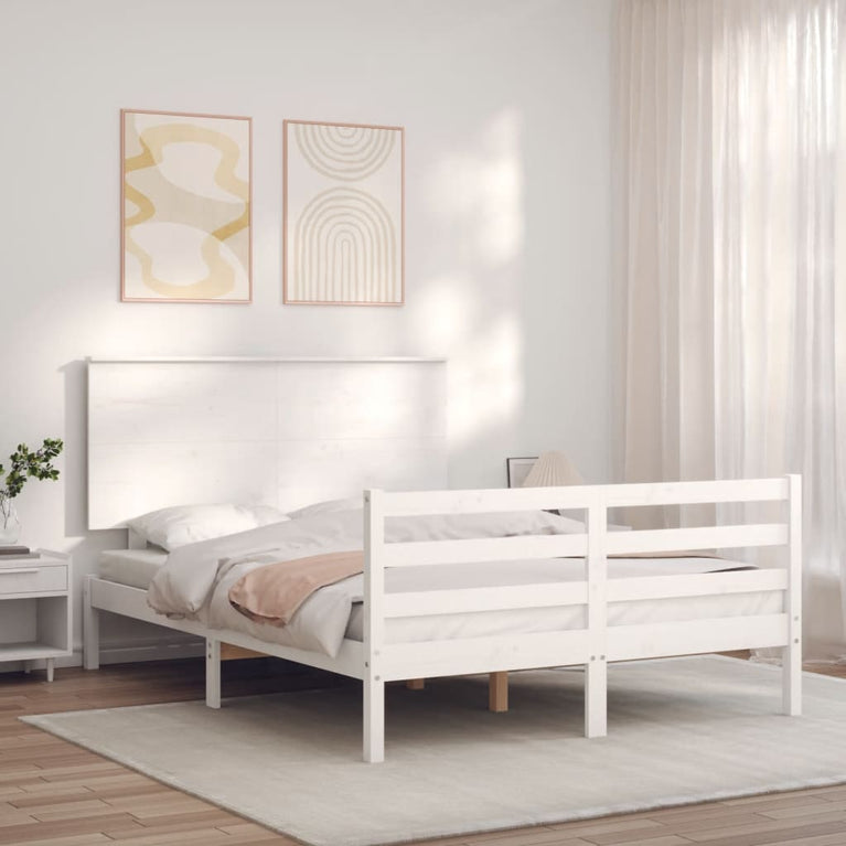 Bedframe met hoofdbord massief hout wit 4FT6 Double