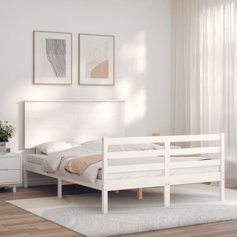 Bedframe met hoofdbord massief hout wit 140x190 cm