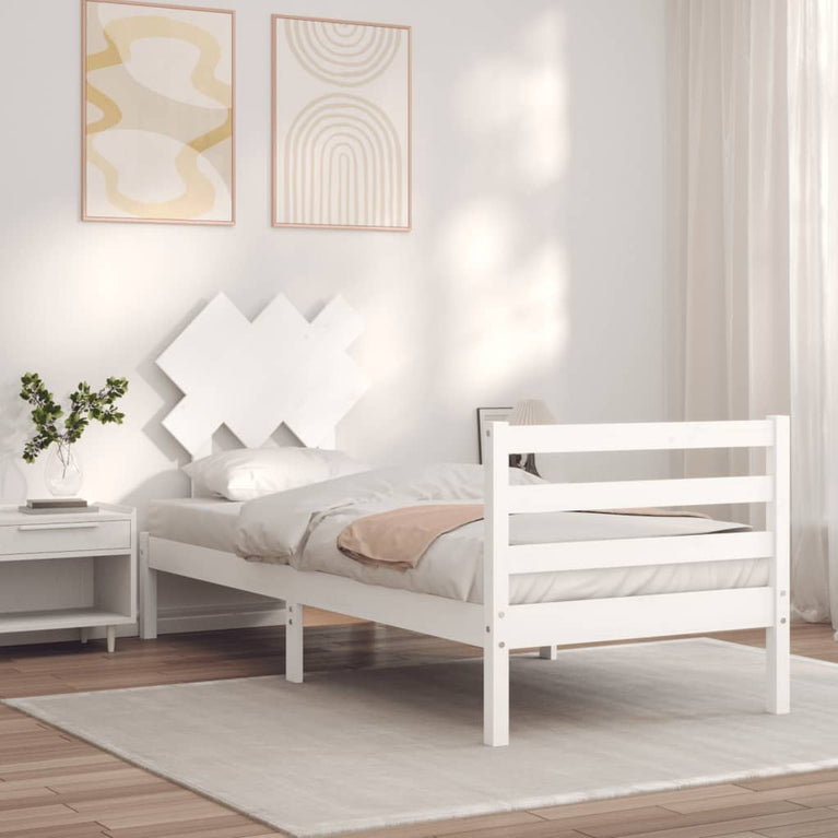 Bedframe met hoofdbord massief hout wit 3FT Single