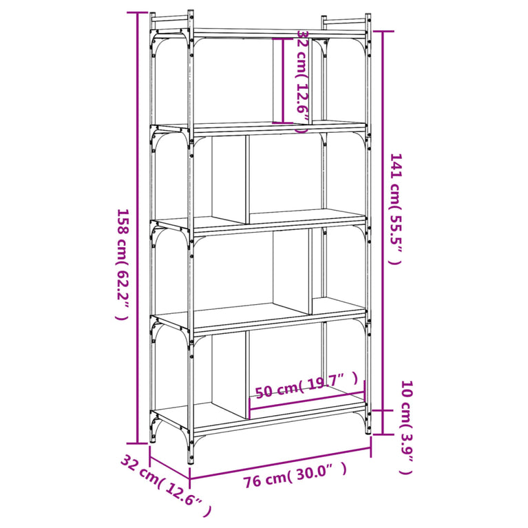 Boekenkast 5-laags 76x32x158 cm bewerkt hout gerookt eikenkleur MeubelReus