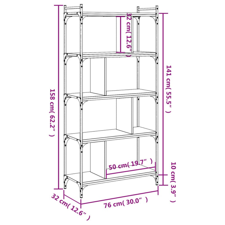 Boekenkast 5-laags 76x32x158 cm bewerkt hout bruin eikenkleur MeubelReus