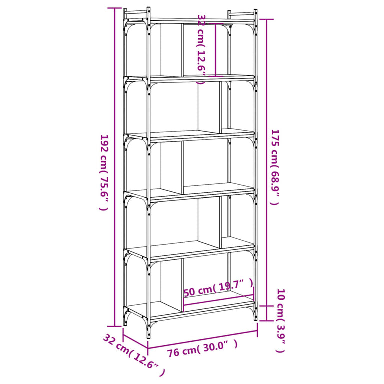 Boekenkast 6-laags 76x32x192 cm bewerkt hout zwart MeubelReus