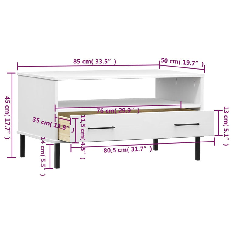 Salontafel met metalen poten OSLO 85x50x45 cm masssief hout wit MeubelReus