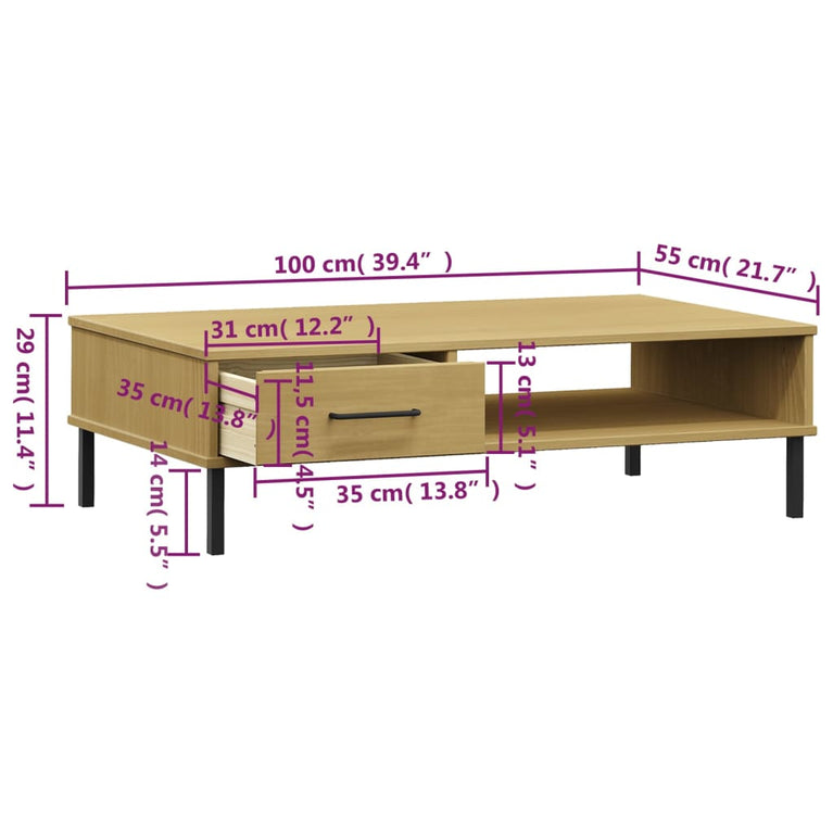 Salontafel met metalen poten OSLO massief grenenhout bruin MeubelReus