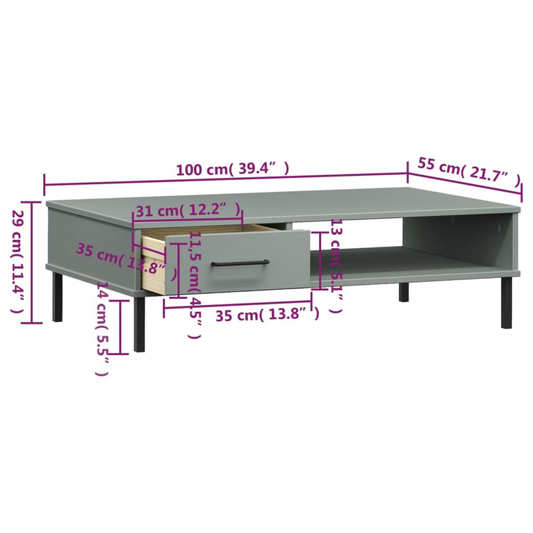 Salontafel met metalen poten OSLO massief grenenhout grijs MeubelReus