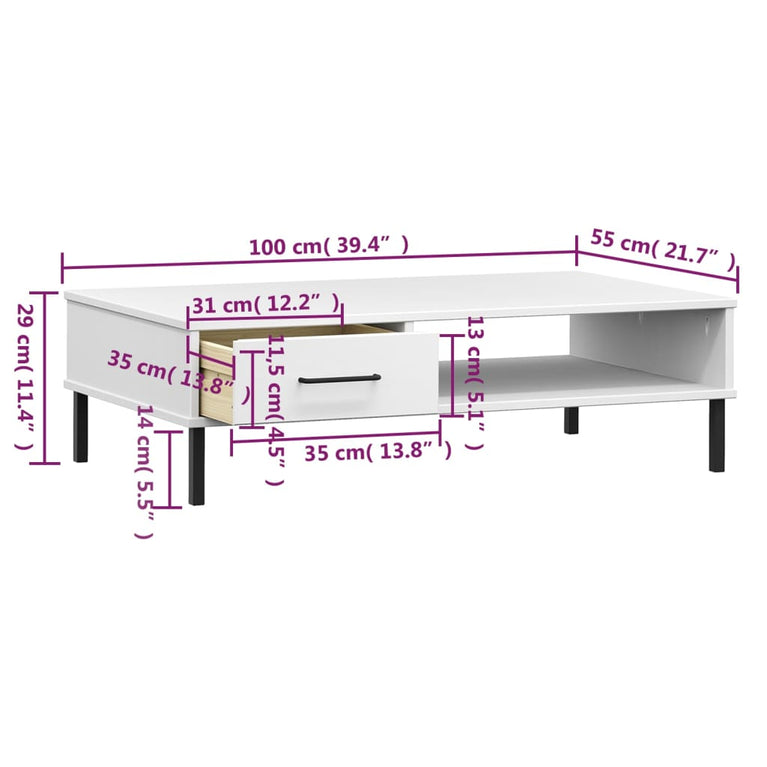 Salontafel met metalen poten OSLO massief grenenhout wit MeubelReus