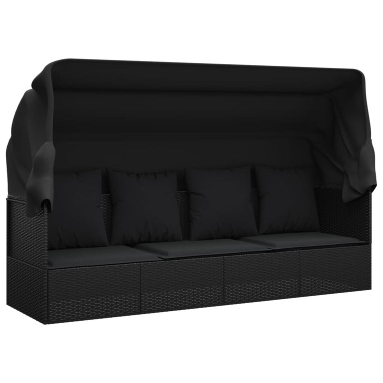 Loungebed met luifel en kussens poly rattan zwart MeubelReus