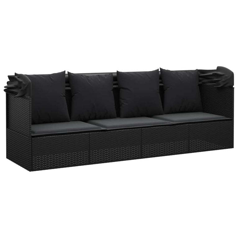 Loungebed met luifel en kussens poly rattan zwart MeubelReus