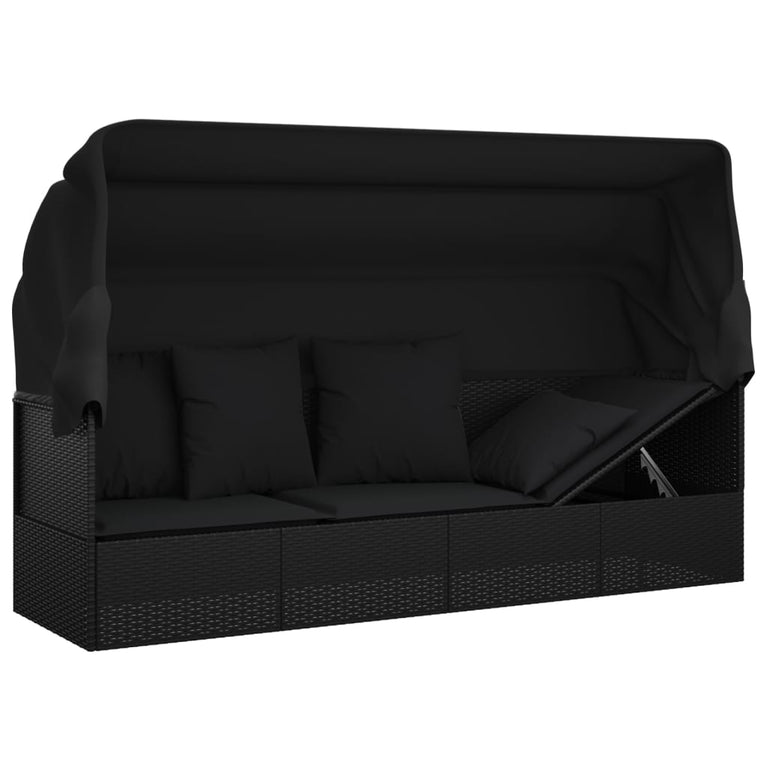 Loungebed met luifel en kussens poly rattan zwart MeubelReus